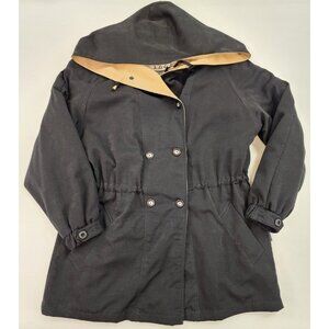 Izzi Jacket Coat Med Black Tan Hooded Lined Softshell Vintage 90s Old Money